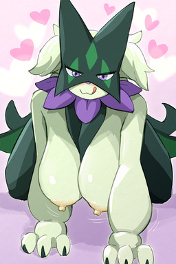 anthro areola bedroom_eyes big_breasts breasts crawling emanata female female_anthro fur green_areola green_body green_fur green_nipples hanging_breasts heart_symbol licking licking_lips looking_at_viewer narrowed_eyes nipples pink_background seductive simple_background smile solo tongue tongue_out melonleaf nintendo pokemon felid feline generation_9_pokemon mammal meowscarada pokemon_(species) shiny_pokemon 2:3 hi_res