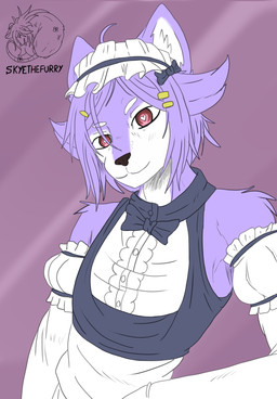 anthro clothing femboy fur hair maid_uniform male purple_body purple_fur purple_hair solo uniform white_body white_fur allartskye felid feline mammal hi_res
