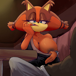 anthro big_breasts blue_eyes breasts brown_body brown_fur brown_nipples clothing dress duo erection erection_under_clothing female finger_in_mouth fur furniture male multicolored_body multicolored_fur nipples one_breast_out orange_body orange_fur sticks_naughty_face table nes_panda sega sonic_boom sonic_the_hedgehog_(series) sticks_the_jungle_badger badger mammal mustelid musteline 1:1 hi_res