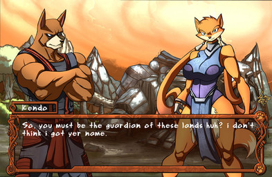 anthro armor big_breasts breasts caption clothing dialogue duo female looking_at_viewer male outside plant shrub sky tail text text_box tree warrior jaeh brutal_paws_of_fury foxy_roxy kendo_coyote canid canine canis domestic_cat domestic_dog felid feline felis mammal pit_bull colored digital_media_(artwork) english_text