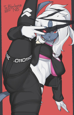 5_fingers anthro anthrofied biped bottomwear breasts butt clothed clothed_anthro clothed_female clothing female fingernails fingers flexible front_view fully_clothed fully_clothed_anthro fully_clothed_female fur hair horn looking_at_viewer nails nipples on_one_leg one_leg_up pokemorph raised_leg red_eyes simple_background smile solo splits spread_legs spreading standing tail teeth topwear vertical_splits white_body white_fur white_hair zinfyu nintendo pokemon lilith_orfeo_(blackwingnb) absol generation_3_pokemon pokemon_(species) 2025 absurd_res digital_drawing_(artwork) digital_media_(artwork) hi_res