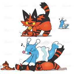 ambiguous_feral ambiguous_gender black_body black_claws black_ears black_fur black_pawpads black_tail blue_body blue_tail blush bodily_fluids brown_body brown_tail cheek_tuft claws dipstick_tail drooling exclamation_point eyes_closed facial_tuft feet feral fur group kemono markings multicolored_body multicolored_fur musical_note musical_symbol open_mouth open_smile orange_body pawpads paws pink_nose red_body red_eyes red_fur red_tail saliva shaking simple_background size_difference smile striped_markings striped_tail stripes sweat sweatdrop symbol tail tail_markings tail_motion tailwag teeth tongue tongue_out trio tuft two_tone_body two_tone_fur white_background white_body white_tail yellow_sclera tontaro nintendo pokemon aquatic brionne felid feline generation_7_pokemon generation_9_pokemon mammal pokemon_(species) shiny_pokemon tatsugiri tatsugiri_(curly_form) torracat 1:1 2026 2d_animation animated frame_by_frame loop signature watermark