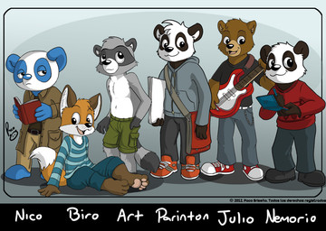 anthro barefoot black_body black_bottomwear black_clothing black_footwear black_fur black_pants black_shirt black_shoes black_t-shirt black_topwear blue_body blue_clothing blue_footwear blue_fur blue_hoodie blue_shirt blue_shoes blue_topwear book bottomwear brown_body brown_clothing brown_coat brown_fur brown_topwear closed_smile clothed clothing coat electric_guitar feet footwear front_view fur glistening glistening_eyes green_bottomwear green_clothing green_pants grey_body grey_bottomwear grey_clothing grey_fur grey_pants group guitar holding_book holding_guitar holding_musical_instrument holding_nintendo_ds holding_object holding_paper hoodie male male_anthro mouth_closed musical_instrument narrowed_eyes open_mouth open_smile orange_body orange_clothing orange_footwear orange_fur orange_shoes pants paper pattern_clothing pattern_shirt pattern_topwear plucked_string_instrument red_clothing red_footwear red_shoes red_sweater red_topwear shirt shoes simple_background sitting smile standing string_instrument striped_clothing striped_shirt striped_topwear stripes sweater t-shirt tan_bottomwear tan_clothing tan_pants topless topwear white_body white_fur pandapaco nintendo nintendo_ds nintendo_ds_family art_(pandapaco) biro_(pandapaco) julio_(pandapaco) nemorio nico_(pandapaco) parinton bear brown_bear canid canine fox giant_panda grizzly_bear mammal procyonid raccoon ursine