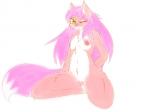 anthro biped breasts female fur genitals green_eyes hair kemono kneeling looking_at_viewer nipples nude pink_body pink_fur pink_hair pussy simple_background solo white_background white_body white_fur milkteafox ruby_fox canid canine fox mammal 2016 4:3 hi_res