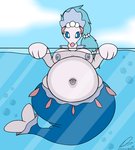 against_surface anthro areola belly belly_focus belly_on_glass big_belly blue_areola blue_eyes blue_hair blue_nipples breasts bubble deep_navel detailed_navel eyelashes female front_view gem hair looking_at_viewer navel nipples on_glass overweight overweight_female partially_submerged pearl_(gem) pink_nose ponytail simple_background solo water white_body white_eyelashes dullpoint nintendo pokemon generation_7_pokemon pokemon_(species) primarina absurd_res digital_media_(artwork) hi_res