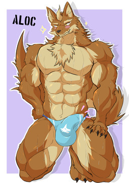 abs anthro arm_tuft barazoku big_bulge blue_clothing blue_underwear bodily_fluids brown_body brown_fur bulge chest_tuft claws clothing detailed_bulge elbow_tuft fangs fur genital_fluids male muscular muscular_male pecs precum simple_background solo speedo sweat swimwear tail teeth text tuft underwear yellow_eyes geryorias canid canine canis mammal wolf absurd_res hi_res