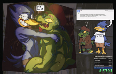 age_difference anthro areola belly bodily_fluids caught_in_the_act clothed clothing duo elderly_anthro elderly_male eyewear glasses hand_on_shoulder hat headgear headwear looking_at_viewer male male/male multiple_poses nervous nervous_smile nervous_sweat nipples one_eye_closed overweight overweight_anthro overweight_male pose shirt size_difference speech_bubble speedrun sweat sweaty_back text text_on_clothing text_on_shirt text_on_topwear topwear walking_stick wearing_glasses salamikii deltarune undertale_(series) berdly gerson_boom_(deltarune) avian bird darkner reptile scalie turtle english_text hi_res