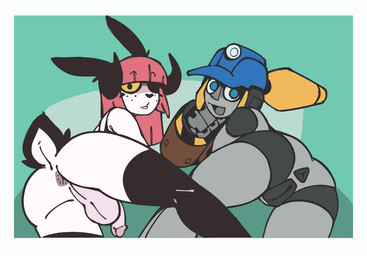 2_horns anthro anus arm_support backsack balls bangs biped black_clothing black_legwear black_thigh_highs blue_eyes border butt clothing duo female flaccid freckled_face freckles fur genitals glans green_background grey_anus grey_body gynomorph hair horn humanoid_genitalia humanoid_penis humanoid_vulva innie_vulva intersex leaning_on_elbow legwear long_hair looking_at_viewer looking_back looking_back_at_viewer lying machine mining_helmet mostly_nude on_side open_mouth open_smile penis perineal_raphe perineum pink_hair raphe_(anatomy) rear_view scut_tail short_tail simple_background smile tail thigh_highs vulva white_body white_border white_fur y_anus yellow_eyes yellow_sclera echossmetches gadgette_(susieruu) suzi_(susieruu) humanoid lagomorph leporid mammal rabbit robot 2025