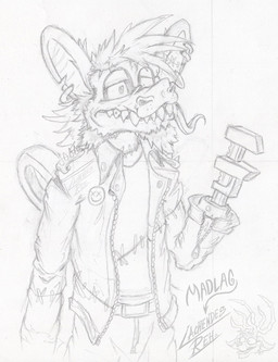 amputee anthro armless beard belt big_ears buckle clothed clothing damaged disability ear_piercing facial_hair fangs front_view frown fur hair jacket jewelry key leather leather_clothing leather_jacket leather_topwear machine male markings missing_arm missing_limbs monkey_wrench notched_ear piercing pipe_wrench pose round_ears scar seam_(sewing) sharp_teeth shirt solo spikes standing stitch_(sewing) surgical_suture teeth teeth_showing three-quarter_view tired tongue tongue_out tools topwear torn_clothing weapon weapon_arm wind-up_key wind-up_toy wrench wrist_weapon lachendesreh madlag dark_deception animatronic haplorhine mammal monkey murder_monkey primate robot undead zombie 2026 hi_res portrait signature three-quarter_portrait traditional_media_(artwork)