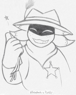 badge clothed clothing cowboy_hat cowboy_outfit eyes_closed freckled_face freckles gesture gloves hand_gesture handwear happy hat headgear headwear kerchief male neckerchief neckwear poncho sheriff_badge simple_background smile solo star teeth thumbs_up lunarpanda8686 undertale_(series) undertale_yellow starlo_(undertale_yellow) humanoid monster unknown_species graphite_(artwork) hi_res traditional_media_(artwork)