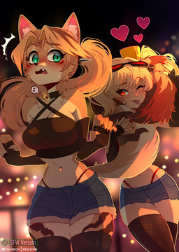 anthro biped blush blush_lines bottomwear breasts claws clothed clothed_anthro clothed_female clothed_human clothing countershade_torso countershading duo eyelashes female female_anthro female_human fingers front_view fully_clothed fully_clothed_anthro fully_clothed_female fully_clothed_human fur hiar long_eyelashes motion_lines navel panties pants smile standing tail thong_straps topwear tuft underwear skeleion mihoyo zenless_zone_zero burnice_white pulchra_fellini felid feline human mammal thiren 2026 digital_drawing_(artwork) digital_media_(artwork) hi_res