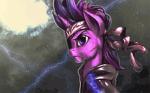 abstract_background accessory clothing electricity eye_patch eyewear female feral frown fur hair headband horn lightning multicolored_hair outside purple_body purple_eyes purple_fur scar sky solo mrs1989 friendship_is_magic hasbro konami metal_gear my_little_pony mythology future_twilight_sparkle twilight_sparkle_(mlp) equid equine mammal mythological_creature mythological_equine unicorn 2014 animated crossover low_res