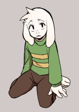 anthro bottomwear brown_bottomwear brown_clothing brown_pants clothing fur green_clothing green_sweater green_topwear kneeling looking_at_viewer male pants pattern_clothing pattern_sweater pattern_topwear red_eyes solo striped_clothing striped_sweater striped_topwear stripes sweater topwear white_body white_fur imkn_626 undertale undertale_(series) asriel_dreemurr boss_monster_(undertale) bovid caprine goat mammal absurd_res hi_res