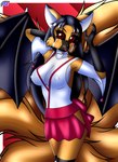 anthro asian_clothing bat_wings big_breasts black_hair black_sclera blush bottomwear breasts choker cleavage clothed clothing colored_nails east_asian_clothing eyeshadow fangs female fluffy fluffy_tail hair japanese_clothing jewelry lipstick long_hair long_tail makeup membrane_(anatomy) membranous_wings miko_outfit miniskirt multi_tail nails necklace nipple_outline orange_body red_eyes simple_background skirt smile solo tail tassels teeth wings newzorra maple_nutt canid canine fox fox_spirit mammal succubus absurd_res hi_res