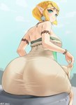 2023 bare_shoulders big_breasts big_butt blonde_hair blush braided_hair breasts butt clothed clothing ear_piercing ear_ring female green_eyes hair hi_res huge_butt humanoid humanoid_pointy_ears hylian jtveemo light_body light_skin looking_at_viewer looking_back looking_back_at_viewer nintendo not_furry piercing princess_zelda rear_view ring_piercing short_hair signature sitting smile solo tears_of_the_kingdom the_legend_of_zelda