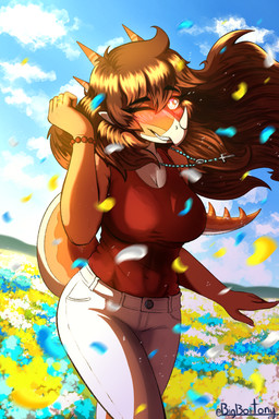anthro beads big_breasts blush bottomwear bracelet breasts brown_hair clothed clothed_anthro clothed_female clothing cloud cross day digit_ring eyebrow_through_hair eyebrows facial_horn female field fingers flower flower_field front_view glowing glowing_eyes grass hair happy horn humanoid_hands jewelry long_hair looking_at_viewer necklace non-mammal_breasts one_eye_closed outside pants plant prayer_beads red_clothing red_eyes red_shirt red_topwear ring rosary shirt sky smile solo spiked_tail spikes spikes_(anatomy) standing tail text topwear translucent translucent_hair wedding_ring white_bottomwear white_clothing white_pants bigboitony cavemanon_studios goodbye_volcano_high ko_op_(game_developer) snoot_game rosa_(gvh) aquilops ceratopsian dinosaur marginocephalian ornithischian prehistoric_species reptile scalie 2:3 absurd_res artist_name colored hi_res portrait shaded three-quarter_portrait