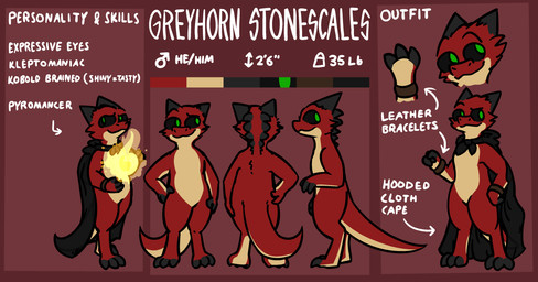 black_sclera cloak clothing fire green_eyes horn male multicolored_body red_body solo standing text bizart stonescales kobold lizard reptile scalie absurd_res english_text hi_res model_sheet