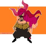 1_eye 2_horns abstract_background breasts cape clothing duo female footwear grey_body grey_skin hair high_heels horn hug looking_at_viewer male male/female pink_body pink_hair pink_skin red_eyes sharp_teeth shoes short_hair smile teeth text espectro111222 disney gravity_falls jujutsu_kaisen jogo pyronica cyclops demon demon_humanoid horned_humanoid humanoid 2024 artist_name crossover digital_drawing_(artwork) digital_media_(artwork) hi_res watermark