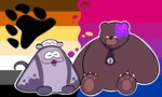 :3 anthro bear_pride_colors bisexual_pride_colors brown_body brown_fur chibi claws clothing duo fur grey_body hat headgear headwear lgbt_pride male male/male necktie pawpads pride_color_background pride_colors simple_background sitting subculture_pride_colors f1dchaos nintendo splatoon big_man_(splatoon) mr._grizz fish manta_ray marine ray_(fish) stingray hi_res