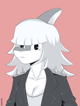 anthro big_breasts bone_frill breasts clothed clothed_anthro clothed_female clothing female frill_(anatomy) front_view frown hair jacket long_hair looking_at_viewer low_cut_shirt non-mammal_breasts open_clothing open_jacket open_topwear pink_background shirt simple_background solo spiked_jacket text topwear louiss. cavemanon_studios i_wani_hug_that_gator mia_moretti dinosaur hadrosaurid ornithischian ornithopod parasaurolophus prehistoric_species reptile scalie 3:4 absurd_res artist_name half-length_portrait hi_res portrait restricted_palette