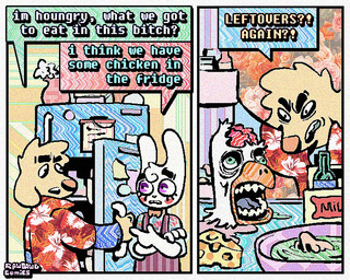 2_panel_comic aloha_shirt anthro appliance bow_tie cheek_spots clothing dialogue duo floppy_ears fridge fur gore half-closed_eyes humor kitchen_appliance male narrowed_eyes overalls pattern_clothing pattern_shirt pattern_topwear profanity severed_body_part severed_head shirt speech_bubble teeth text tooth_gap topwear white_body white_fur wide_eyed yellow_body yellow_fur rawdawgcomics bingus_(rawdawgcomics) stahli_(rawdawgcomics) bird_dog canid canine canis domestic_dog golden_retriever hunting_dog lagomorph leporid mammal rabbit retriever 5:4 comic english_text