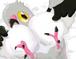 avian bed_sheet bedding big_breasts bird blush breasts busty_feral columbid feet female feral generation_5_pokemon kakuheiki legs_up looking_at_viewer lying nintendo non-mammal_breasts on_back pidove pokemon pokemon_(species) simple_background solo talons toes white_background yellow_eyes