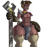 4_fingers abs arm_tuft armor big_forearms bottom_heavy bottomwear brown_body brown_eyes brown_fur brown_hair clothing collar ear_piercing ear_ring femboy fingers forearms fur hair holding_object holding_tool holding_wrench leg_tuft loincloth male mohawk muscular muscular_femboy muscular_humanoid muscular_male nipples open_mouth piercing ring_piercing shoulder_pads simple_background solo standing tail tan_body tan_skin thick_thighs tongue tongue_out tongue_piercing tools tuft unconvincing_armor white_background wide_hips wrench yellow_collar adjatha trials_in_tainted_space animal_humanoid humanoid hyena hyena_humanoid hyrax_(tits) mammal mammal_humanoid 1:1 2023 hi_res story story_in_description