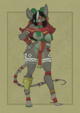 anthro big_breasts black_hair blindfold breasts claws clothed clothing collar female fur green_claws grey_body grey_fur grey_hair hair long_hair markings multicolored_hair pelvic_curtain skimpy solo tail tribal tribal_markings two_tone_hair yawg warhammer_(franchise) plaguey_(yawg) mammal murid murine rat rodent skaven 2026 hi_res