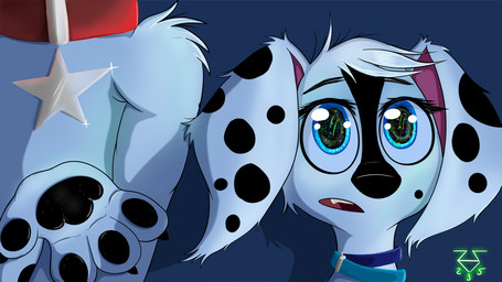 amazed black_nose blue_collar blue_eyes claws collar drop_(marking) duo female feral floppy_ears fur glowing glowing_eyes male markings mole_(marking) pawpads pink_inner_ear red_collar star toony white_body white_fur ark235 101_dalmatian_street 101_dalmatians disney dee_dee_(101_dalmatians) dylan_(101_dalmatians) canid canine canis dalmatian domestic_dog mammal hi_res