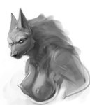 2016 anthro breasts bust_portrait canid canine canis digital_media_(artwork) female fur grey_body grey_fur looking_up mammal monochrome nipples nude portrait simple_background solo watsup white_background wolf