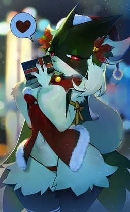 4_fingers anthro bell bell_collar breasts christmas_tree clothed clothing collar female female_anthro fingers fur gift green_body green_fur heart_eyes heart_symbol holidays looking_at_viewer plant red_clothing red_eyes solo thick_thighs tree yuio christmas nintendo pokemon felid feline generation_9_pokemon mammal meowscarada pokemon_(species) absurd_res hi_res