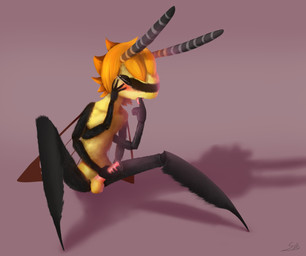 antennae_(anatomy) anthro balls black_eyes bodily_fluids compound_eyes finger_in_mouth fur genital_fluids genitals hair hand_on_cheek male masturbation multicolored_body orange_hair penile penile_masturbation penis precum purple_background simple_background solo two_tone_body wings yellow_body yellow_fur silkycurve shay_dillon arthropod clearwing_moth insect lepidopteran moth absurd_res hi_res