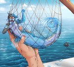 air_drowning ambiguous_gender andromorph animal_genitalia animal_pussy anus black_body blue_body blue_eyes bodily_fluids cetacean_genitalia cetacean_pussy critterslit curled_tail detailed_background dripping female_(lore) fin fish fishing_net forced genitals gills hi_res human intersex larger_ambiguous mammal marine merfolk micro multicolored_body net open_mouth orange_eyes orange_sclera outside pink_pussy pussy sea size_difference smaller_andromorph smaller_intersex split_form spread_pussy spreading tail tail_fin tears water wet wide_eyed