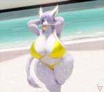 anthro barbel_(anatomy) beach beach_background big_breasts bikini bikini_bottom bikini_top blurred_background bottomwear breasts claws clothed clothed_anthro clothed_female clothing eyebrows eyelashes female female_anthro flesh_whiskers food food_in_mouth fur glowing glowing_horn hair hand_behind_head horn huge_breasts long_hair long_tail looking_at_viewer markings partially_clothed popsicle purple_body purple_claws purple_fur purple_hair sand sea simple_background solo standing star_(marking) straight_hair swimwear tail tail_tuft thick_thighs topwear transparent_background tuft two-piece_swimsuit water wave yellow_clothes yellow_clothing latiospegasus mythology kazumi_tatsuo dragon eastern_dragon furred_dragon furred_scalie mythological_creature mythological_scalie scalie 3d_(artwork) absurd_res alpha_channel blender_(artwork) digital_media_(artwork) hi_res watermark