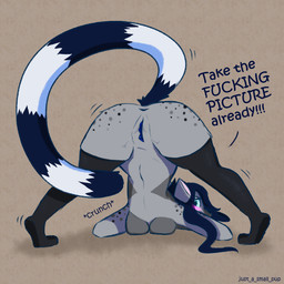 angry anthro anus ass_up blue_eyes blue_hair blush bodily_fluids breast_squish breasts clothing dialogue female flexible freckles fur fur_tuft genital_fluids genitals hair jack-o'_pose legwear long_tail looking_back lube_string lying markings on_front pose solo speckled speech_bubble spread_legs spreading squish striped_markings striped_tail stripes tail tail_markings text thigh_highs tuft vaginal_fluids vulva just_a_small_pup lexy_(just_a_small_pup) lemur mammal primate ring-tailed_lemur strepsirrhine 1:1 english_text hi_res