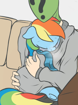 5_fingers ?_face blue_body blush breath clothing cold cuddling daww duo eyes_closed female feral fingers furniture grey_clothing grey_sweater grey_topwear hair holding_another hooves inside_clothing love male multicolored_hair multicolored_tail outline pillow question_mark rainbow_hair rainbow_tail scarf sitting sleeping sweater tail topwear underhoof mostazathy friendship_is_magic hasbro my_little_pony anon rainbow_dash_(mlp) equid equine horse human mammal pony 2015 digital_media_(artwork)