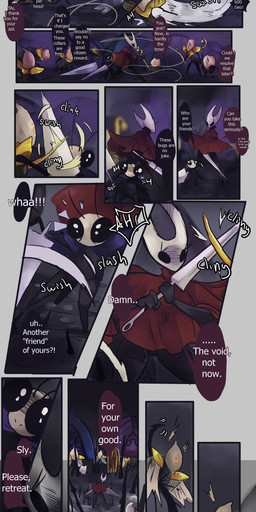 15_panel_comic 2_horns ambiguous_gender antennae_(anatomy) anthro attack biped black_body black_eyes cloak clothed clothing dialogue ellipsis empty_eyes exclamation_point eyelashes female fingers group holding_melee_weapon holding_object holding_weapon horn melee_weapon question_mark red_cloak red_clothing speech_bubble standing talking_to_another text thread weapon white_text ssleepyflowers hollow_knight:_silksong hollow_knight_(franchise) team_cherry hollow_knight_(character) hornet_(hollow_knight) sly_(hollow_knight) arthropod vessel_(species) 2026 absurd_res comic english_text hi_res