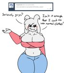 anthro asriel_dreemurr_(god_form) big_breasts blush boss_monster_(undertale) bovid breasts caprine cleavage clothed clothing crossgender curvy_figure english_text female fur goat hair hair_over_eye horn huge_breasts long_ears mammal mtf_crossgender one_eye_obstructed question_mark robertge simple_background solo text undertale undertale_(series) voluptuous white_background white_body white_fur wide_hips