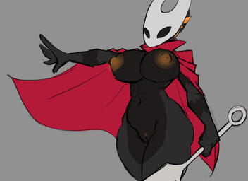 anthro big_breasts biped breasts cleavage clothed clothing dark_body dark_fur face_covered female fur grey_background hornet's_needle orange_accents reaching_out simple_background solo weapon domantantrum hollow_knight_(franchise) mythology team_cherry cygwin_(doenonsense) hornet_(hollow_knight) dracarinus dragon mythological_creature mythological_scalie scalie hi_res