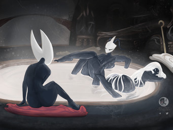 antennae_(anatomy) anthro big_breasts big_butt biped breasts butt convenient_censorship crossed_arms crossed_legs detailed_background eyelashes female front_view group hair hair_censor hair_covering_breasts horn inviting logo long_hair looking_at_another looking_back looking_back_at_another lying non-mammal_breasts nude nude_female on_back on_front partially_submerged presenting presenting_hindquarters rear_view sitting sitting_on_ground small_breasts small_waist thick_eyelashes trio wide_hips low-oil hollow_knight:_silksong hollow_knight_(franchise) team_cherry hornet_(hollow_knight) lace_(hollow_knight:_silksong) shakra_(hollow_knight:_silksong) arachnid arthropod homunculus insect spider weaver_(hollow_knight) 2026 4:3 absurd_res artist_logo hi_res