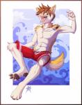 5_toes abs anthro biceps chest_tuft clothing feet fur male muscular muscular_anthro muscular_male necktie nipples open_mouth paws pecs solo summer swimwear toes tuft gothwolf cyberpaws canid canine canis domestic_dog husky mammal nordic_sled_dog spitz digital_media_(artwork) hi_res