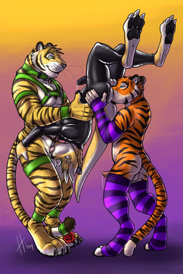 anal anthro anthro_on_anthro anthro_penetrated anthro_penetrating anthro_penetrating_anthro armwear athletic athletic_anthro athletic_male balls balls_on_face black_clothing black_latex black_penis black_skinsuit blue_eyes closed_smile clothing collar erection genitals gradient_background green_collar green_eyes green_harness group group_sex harness holding_partner latex latex_clothing latex_skinsuit legwear male male/male male_anthro male_penetrated male_penetrating male_penetrating_male markings mouth_closed muscular muscular_anthro muscular_male nude oral pattern_armwear pattern_clothing pattern_legwear pecs penetration penile_spines penis pink_penis purple_armwear purple_clothing purple_legwear rimming sex side_view simple_background size_difference skinsuit smile standing standing_sex striped_arms striped_armwear striped_clothing striped_legs striped_legwear striped_markings striped_tail stripes tail tail_markings threesome tight_clothing trio upside_down whiskers white_balls hufnaar hufnaar_(character) solaxe ulbrek felid kangaroo macropod mammal marsupial pantherine tiger 2019 dated hi_res
