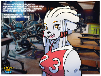 anthro athletic_wear big_breasts breasts clothing dreadlocks female fur grey_body grey_fur gym hair long_hair orange_eyes shirt solo tank_top teeth text tooth_gap topwear gulasauce_(artist) yosei_mujimoto canid canine fox majarean mammal absurd_res english_text hi_res