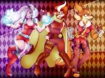 anthro aviator_cap checkered claws clothing female group looking_at_viewer pose suit daniechidna awesomenauts coco_nebulon penny_fox raelynn_(awesomenauts) alien alien_humanoid canid canine fox human humanoid mammal 4:3 watermark