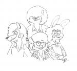 1970s anthro black_and_white buckteeth canid canine canis clothing facial_hair fox group hair hair_over_eyes jacket lagomorph leporid long_hair male mammal monochrome mouse murid murine rabbit rockytoonzcomics rodent sideburns size_difference smile teeth topwear traditional_media_(artwork) v-neck wolf