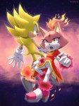 anthro biped clothed clothing duo fangs female fire footwear male male/female shoes space super_form surprised_expression teeth caruel_art sega sonic_the_hedgehog_(series) blaze_the_cat burning_blaze sonic_the_hedgehog super_sonic domestic_cat eulipotyphlan felid feline felis hedgehog mammal absurd_res hi_res