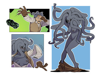armless big_breasts black_eyes blush breasts clothing cursed_object discarded_clothing female forced forced_transformation gender_transformation gloves grey_body handwear human_to_humanoid male mtf_transformation nipples nude pseudo_hair shirt solo species_transformation surprised tentacle_hair tentacles topwear transformation vest castledolphyn human humanoid mammal tentacle_creature absurd_res comic hi_res