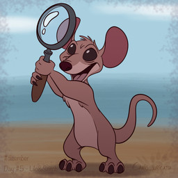 big_eyes claws feral fur holding_magnifying_glass holding_object magnifying_glass male nude open_mouth paws raised_tail smile solo standing tail text tongue wide_eyed atimon disney lilo_and_stitch the_great_mouse_detective basil_(disney) alien experiment_(lilo_and_stitch) mammal mouse murid murine rodent 1:1 2023 hi_res signature