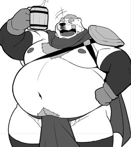 alcohol anthro beer belly beverage big_belly bottomwear clothing eyes_closed kemono loincloth male moobs navel nipples overweight overweight_male scar solo 12beat13 bear mammal 2026 hi_res