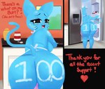 anthro appliance blue_body breasts butt cute_fangs dialogue female fridge inside kitchen_appliance looking_at_viewer open_mouth smile solo text window nebssik cartoon_network the_amazing_world_of_gumball nicole_watterson domestic_cat felid feline felis mammal 2021 absurd_res english_text hi_res